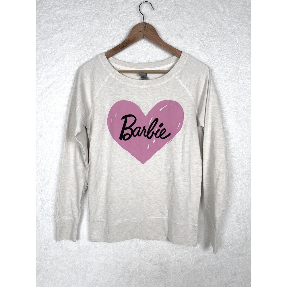 Barbie Graphic Sweatshirt Ladies Small Oatmeal Pink Heart Logo Raglan Pullover